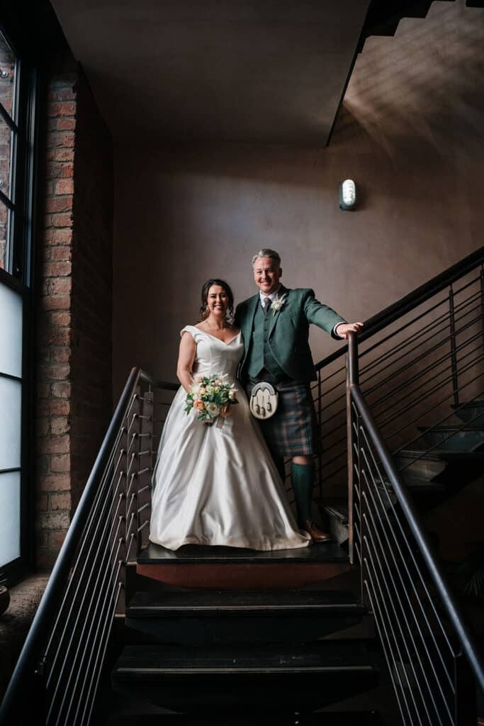 Bride and Groom inside the Engine Works wedding venue in Glasgow